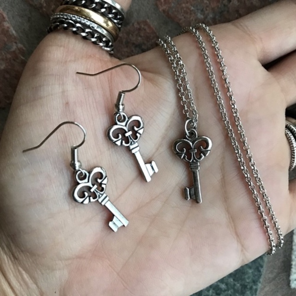 🔴SALE ! Earrings + necklace set key steel design - Picture 2 of 6